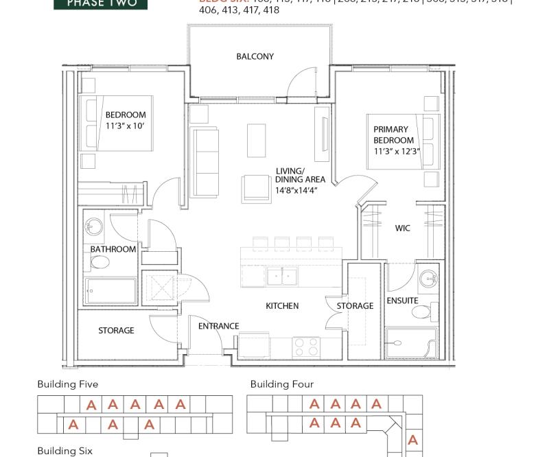 Unit A - 2 Bedroom + 2 Bath Approx  Approx 890  SF Floor Plan