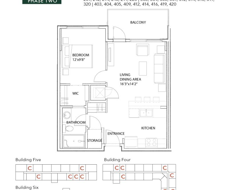 Unit C - 1 Bedroom +  1 Bath 611 SF Floor Plan