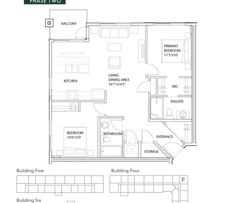 Unit F - 2 Bedroom +  2 Bath 927 SF Floor Plan