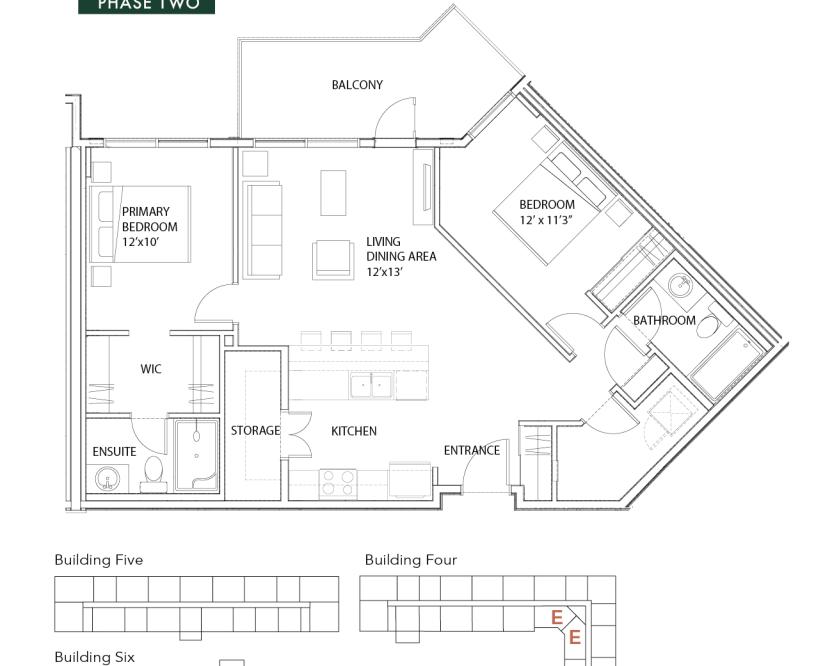 Unit E - 2 Bedroom +  2 Bath 978 SF Floor Plan