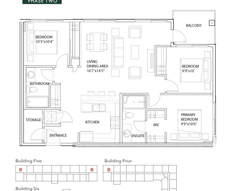 Unit B - 3 Bedroom + 2Bath 1084SF Floor Plan
