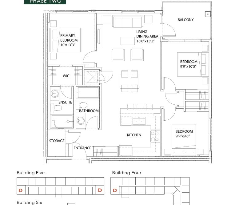 Unit D - 3 Bedroom +  2 Bath 1025 SF Floor Plan