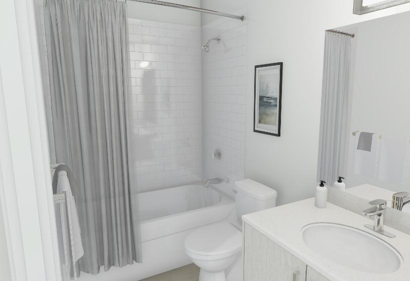 Modern bathroom with storage and bathtub, perfect for relaxing.
